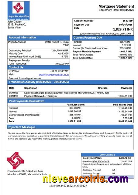 India Central Bank of India mortgage statement Word and PDF template